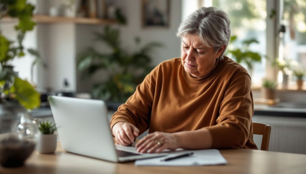 mujer mayor escribiendo cuaderno casa ambiente acogedor