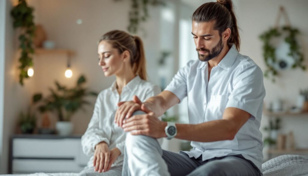 terapeuta ayudando paciente dolor hombro tratamiento fisioterapia
