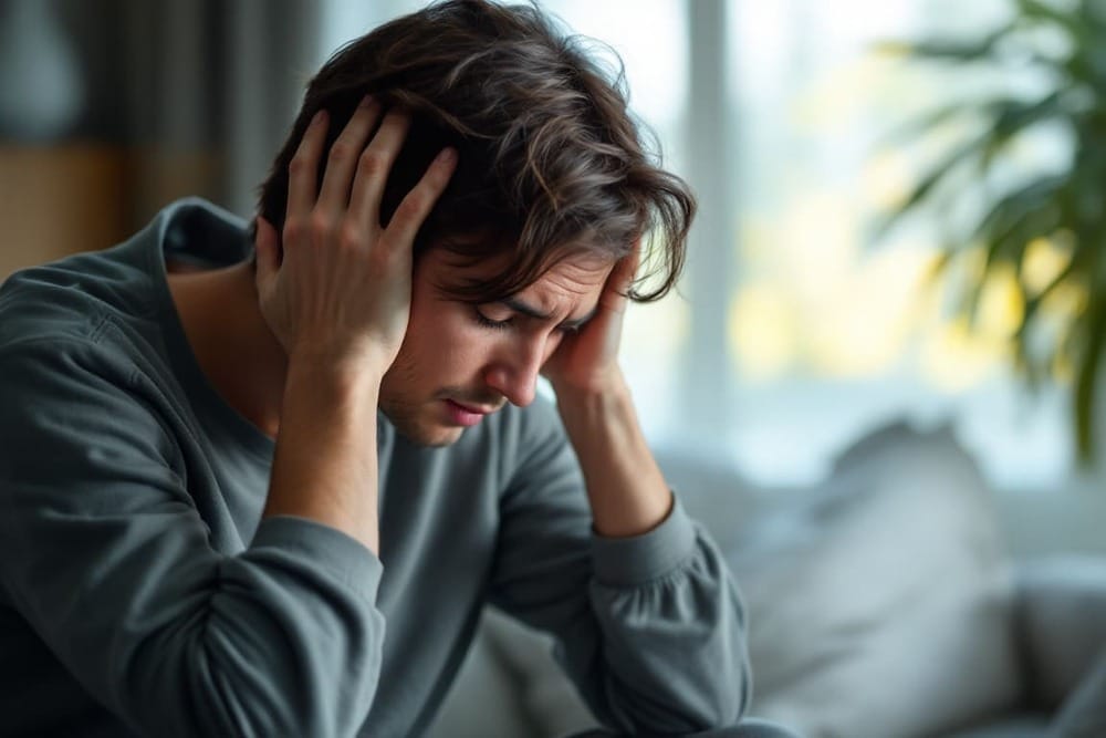 hombre con dolor de cabeza sujetandose la frente con ambas manos