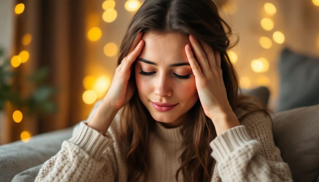 mujer con dolor de cabeza sentada en sofa con luces decorativas