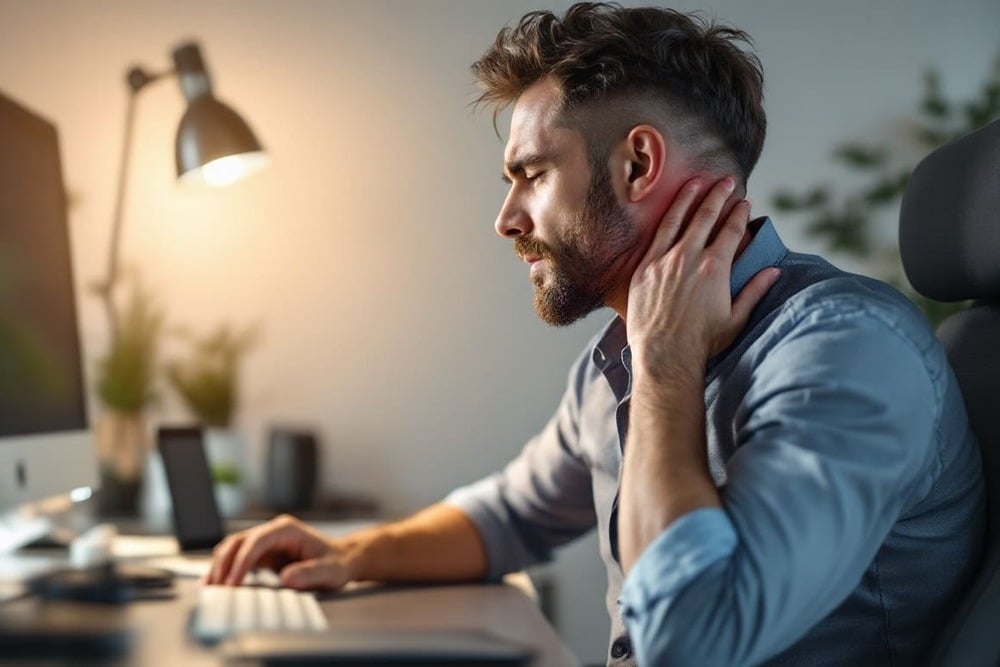 hombre con dolor de cuello trabajando en escritorio con ordenador en oficina en casa con ambiente moderno