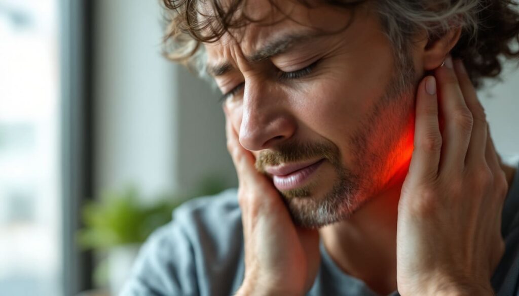 hombre mayor con manos en cuello sufriendo dolor en zona cervical en espacio interior con iluminacion natural