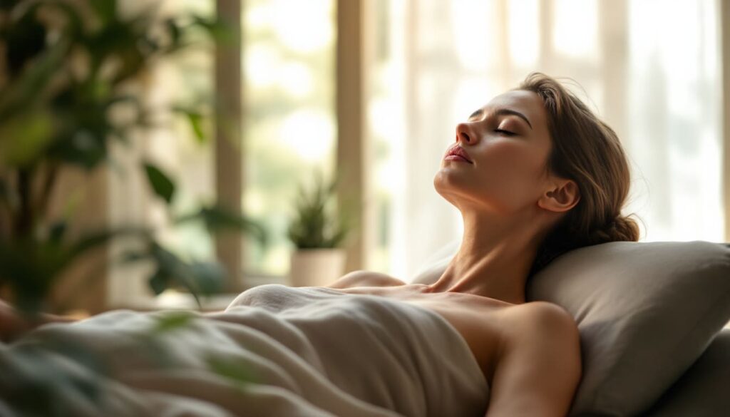 mujer relajada en sofa con ojos cerrados disfrutando de momento de paz en ambiente casa con luz natural
