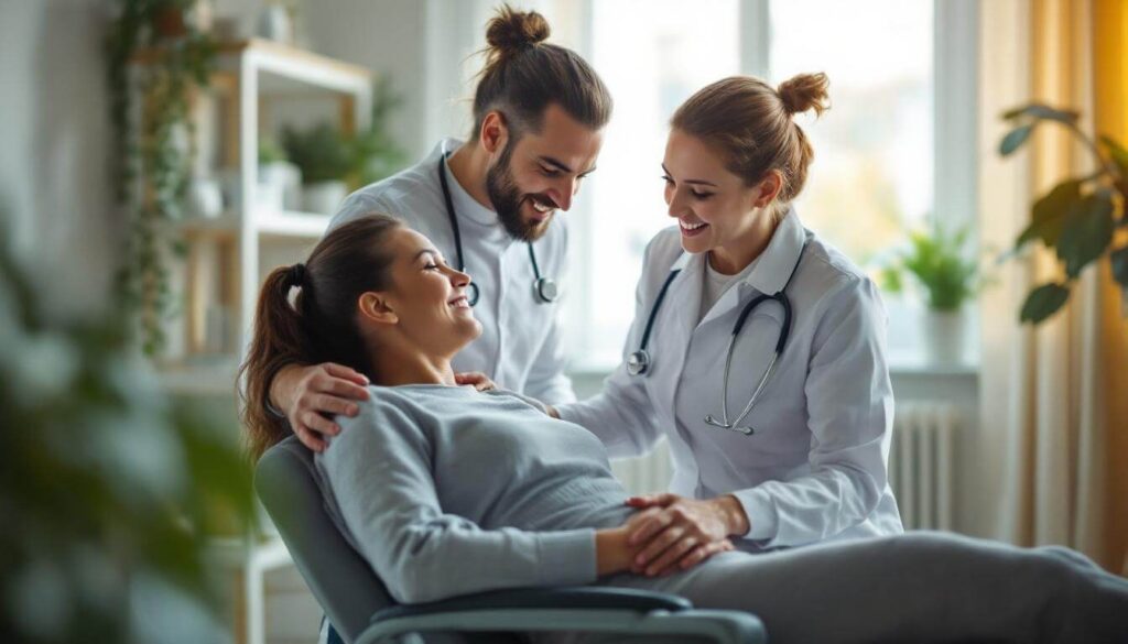 médicos abrazando a paciente