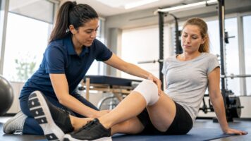 fisioterapeuta quitando venda de rodilla de paciente
