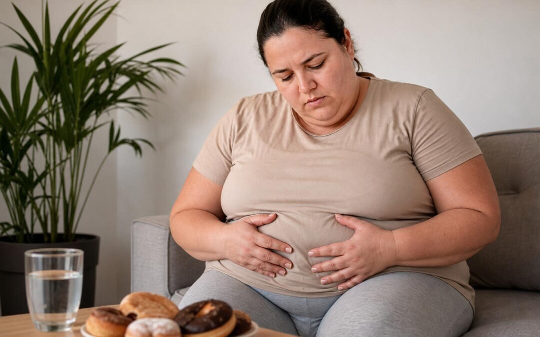 mujer gorda con manos en barriga